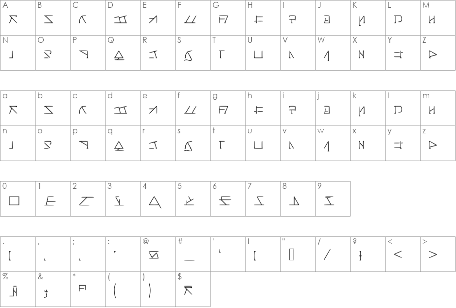 AeridanishScript font character map preview