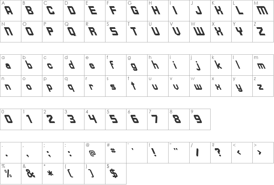 Upsilon Extreme Lefti font character map preview