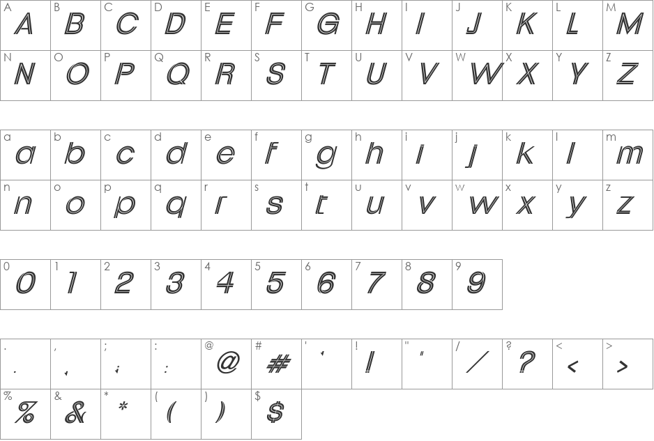 Uptight Italic font character map preview