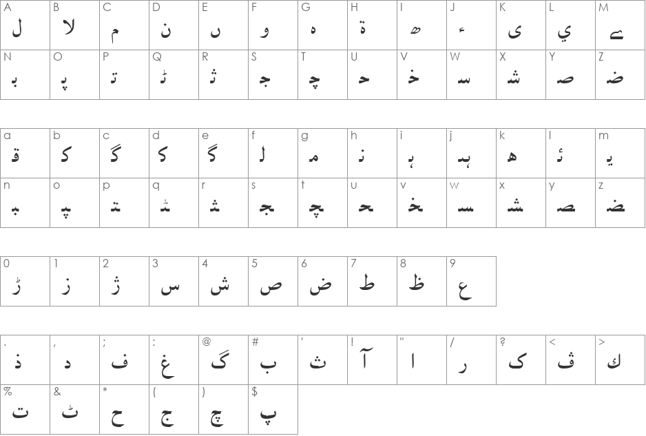 Urdu Naqsh font character map preview