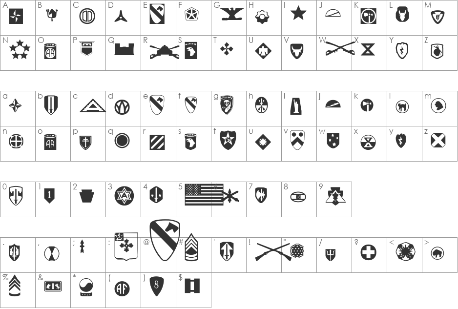 US Army font character map preview