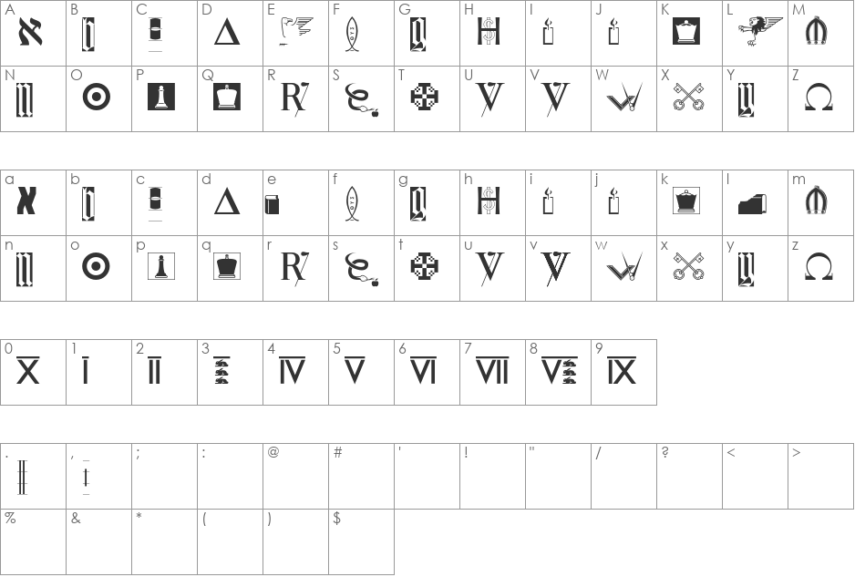 Ushaw font character map preview