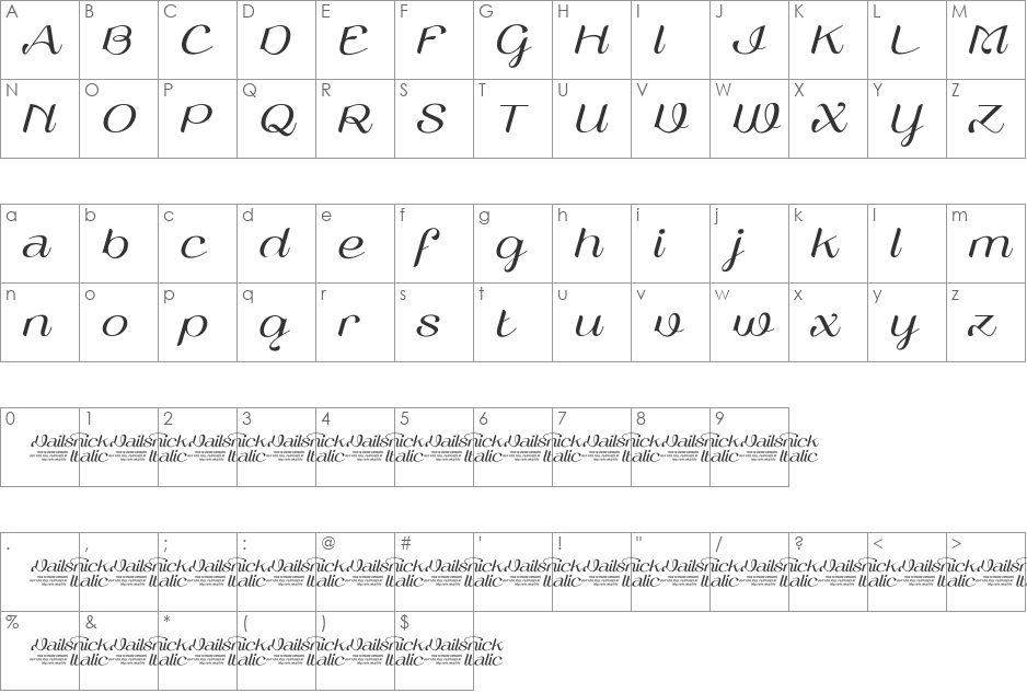 Vailsnick Italic Demo  font character map preview