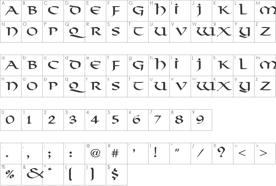 Valhalla-Extended font character map preview