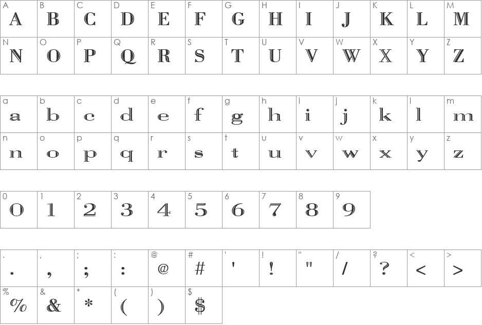 Vangard Open font character map preview