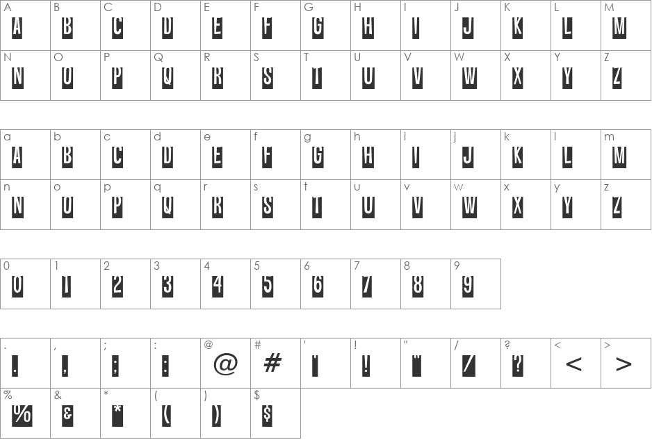 Vanishing Boy BTN Reversed Lift font character map preview