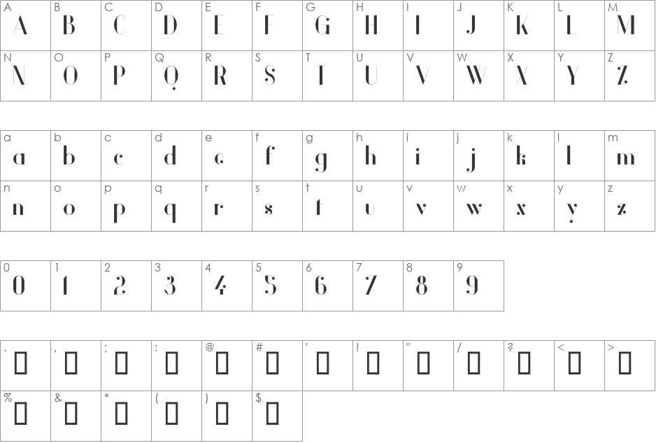 Vanity Light Wide font character map preview