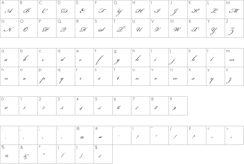 Bickham Script One font character map preview