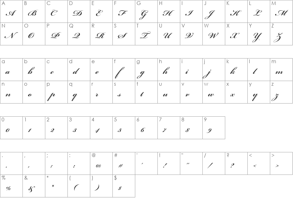 Bickham Script Pro font character map preview