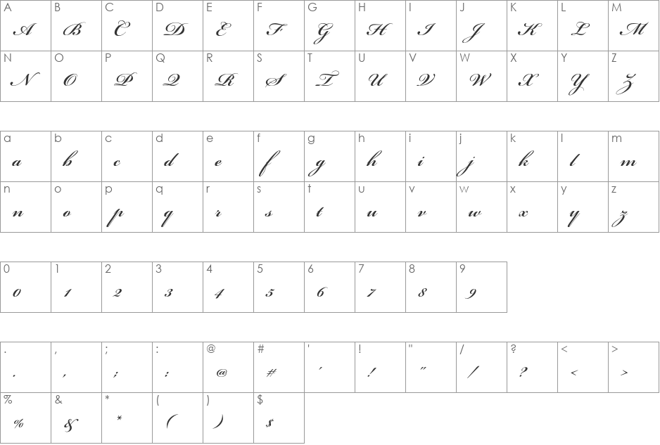Bickham Script Std font character map preview