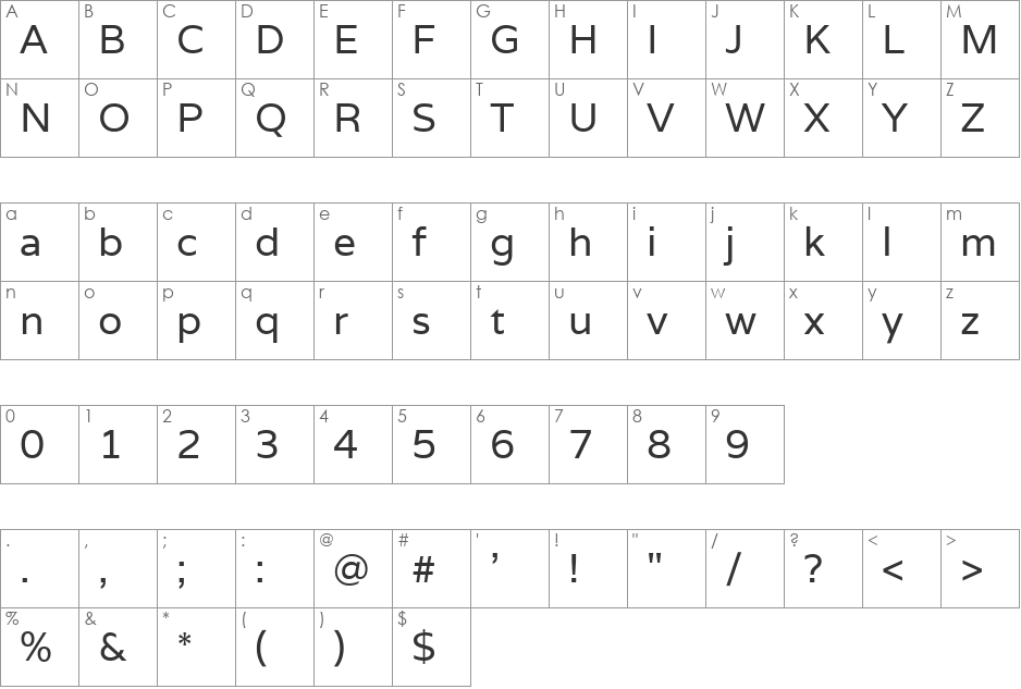 Varela font character map preview