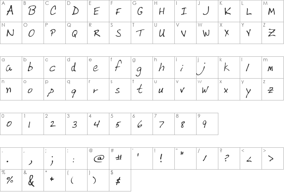 Varnell font character map preview