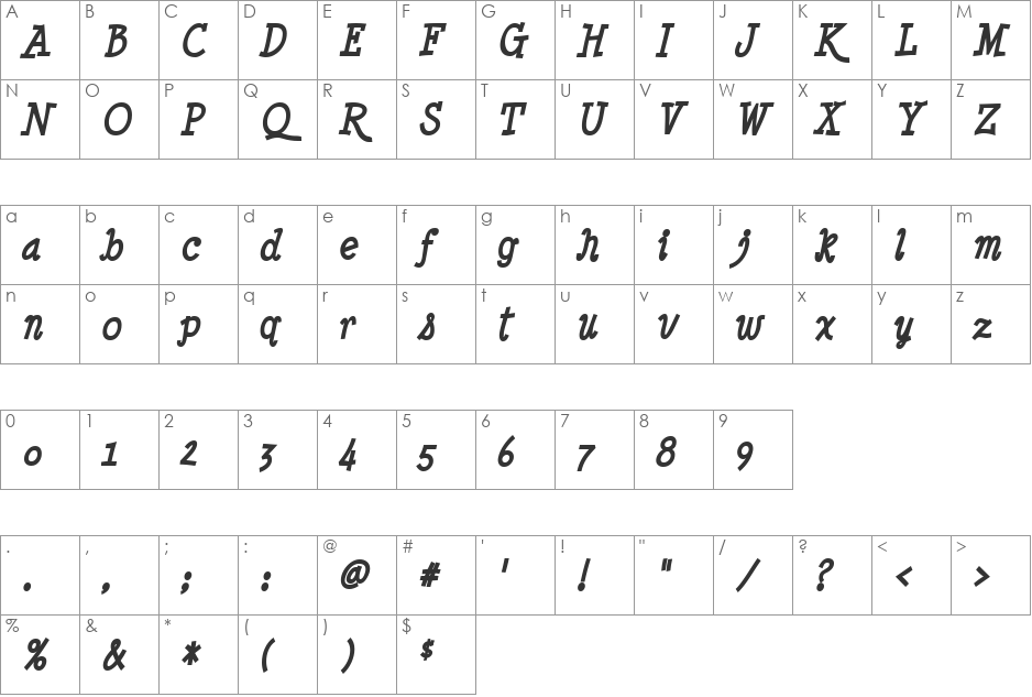 Vavak Bizpil font character map preview