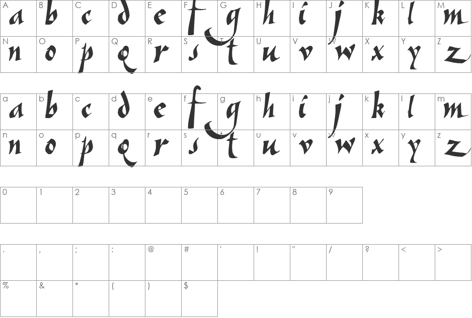 Vein font character map preview