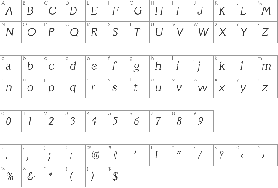 Veracruz-LightIta font character map preview