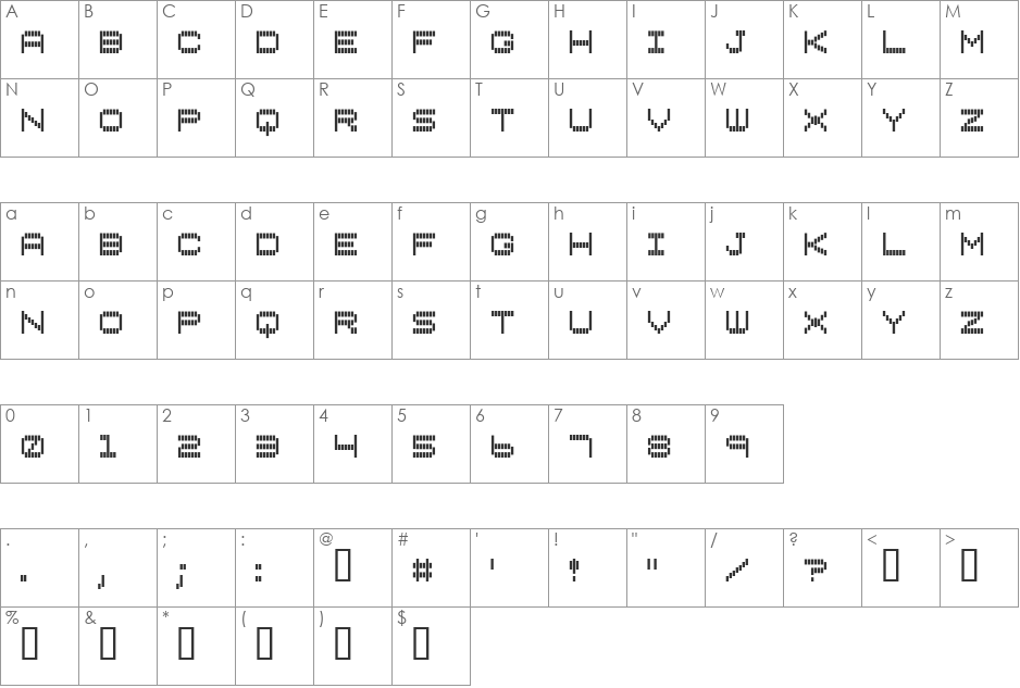 Vertical Tuning font character map preview