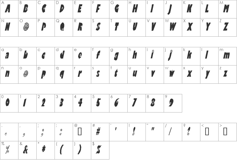 VertigoCondensed font character map preview