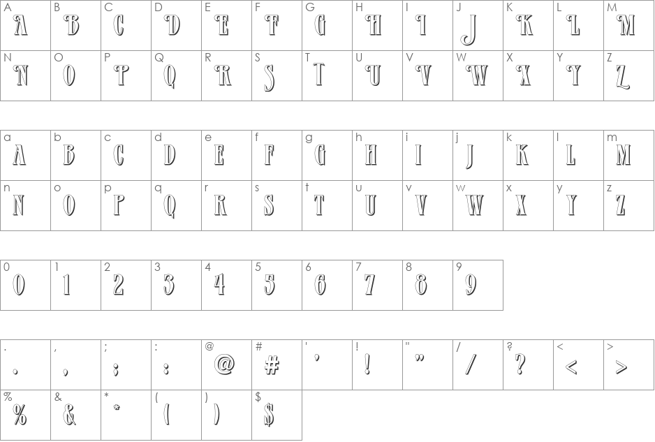 VerveShadow font character map preview