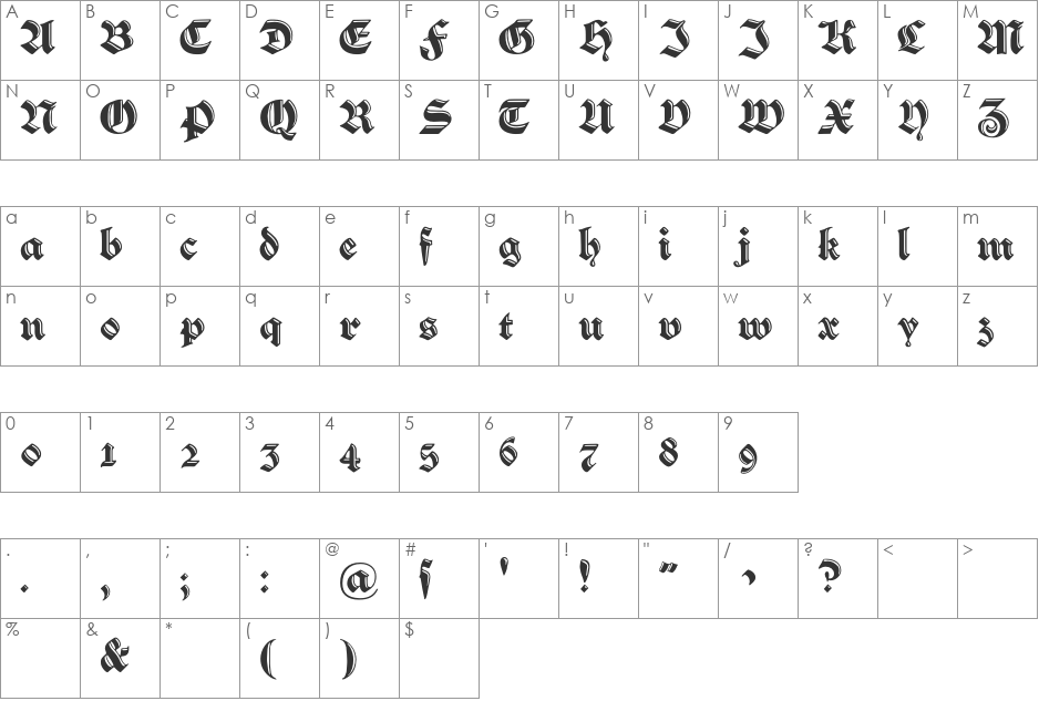 VerzierteSchwabacher font character map preview