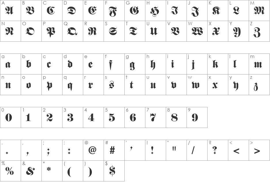 VfFree38 font character map preview