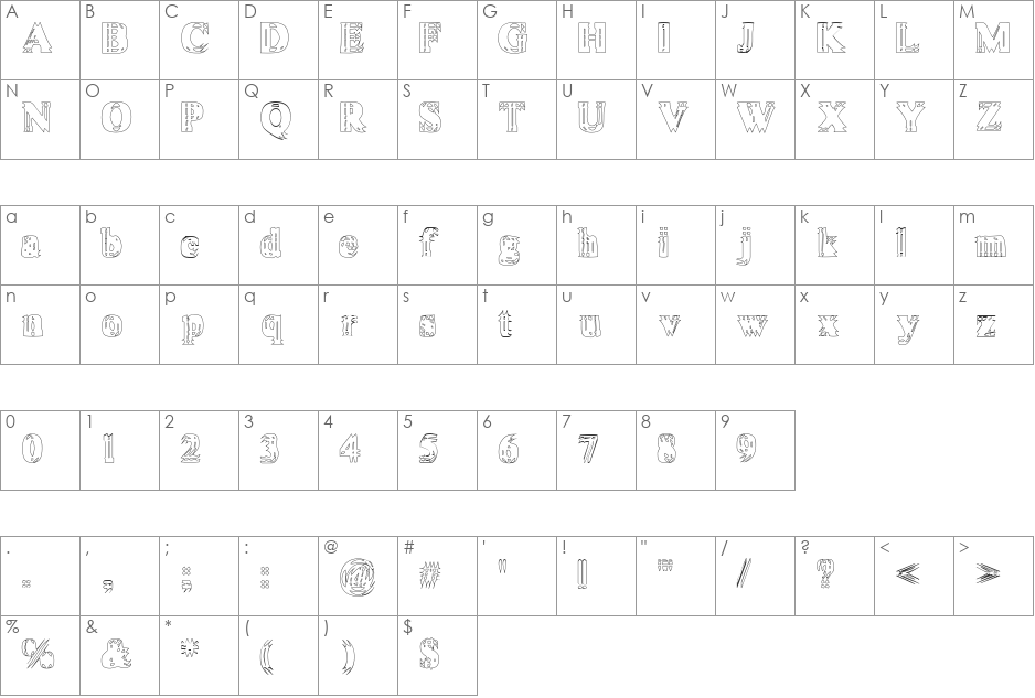 Vibrato Hollow font character map preview