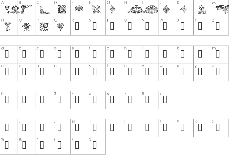 Victorian Designs Three font character map preview
