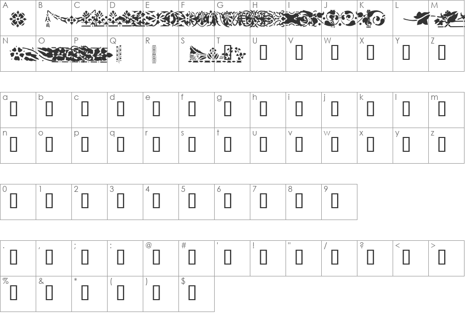 Victorian Designs Two font character map preview