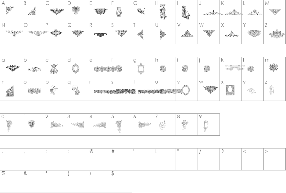 Victorian Ornaments Two font character map preview