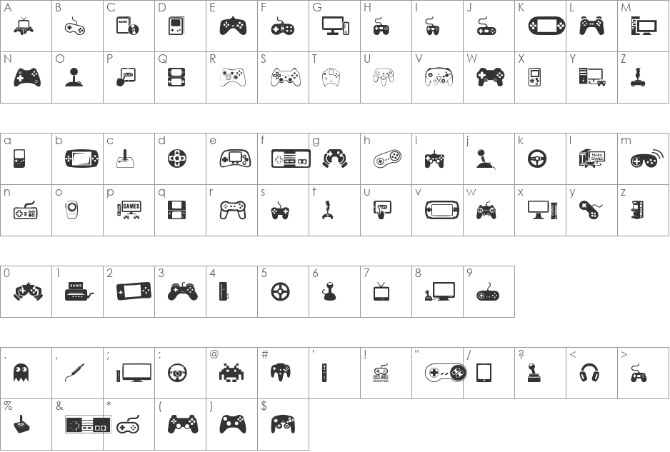 video games font character map preview