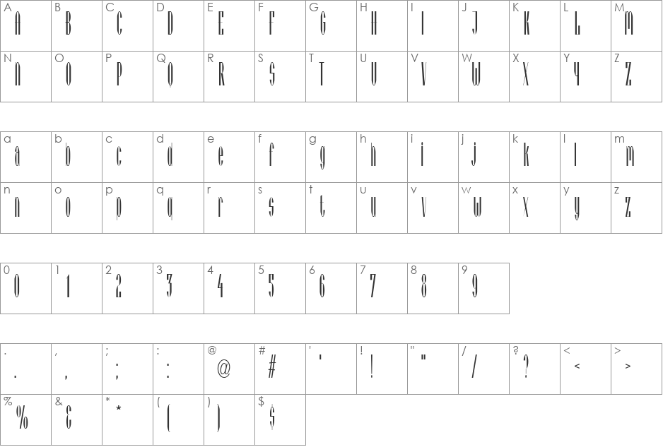 VieneseCondensed font character map preview