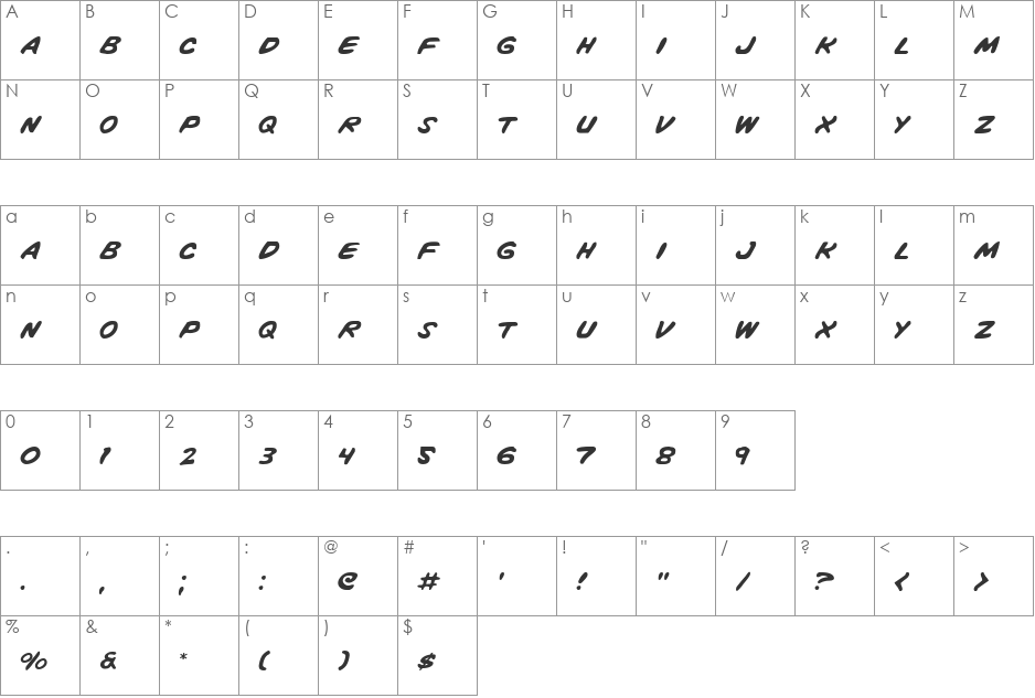 Vigilante Notes font character map preview