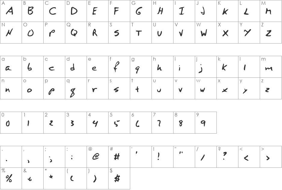 VincentsHand font character map preview