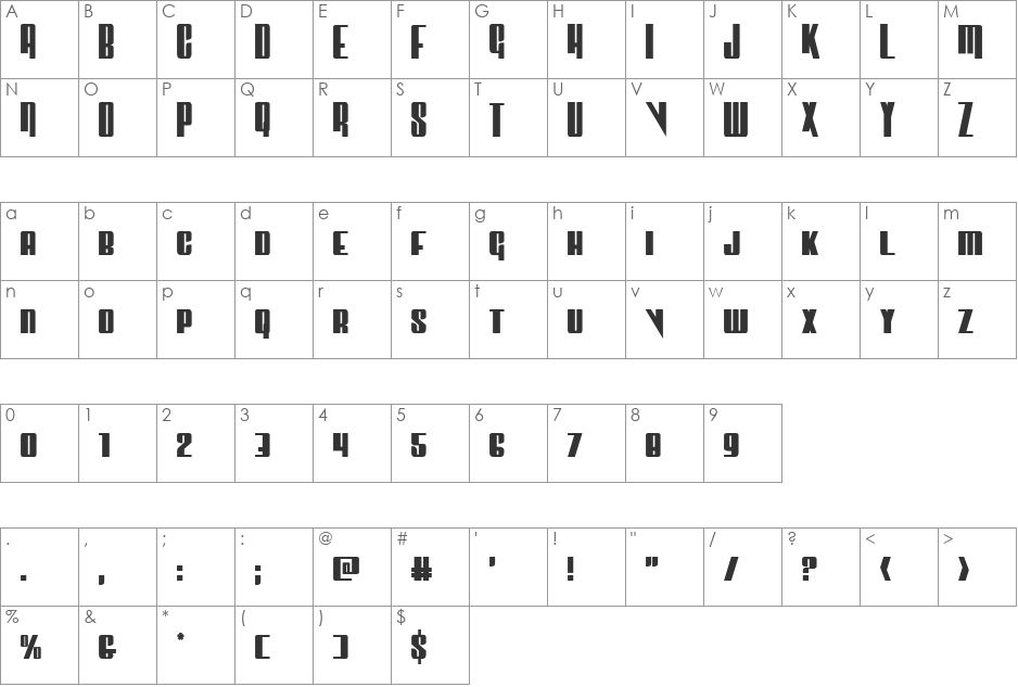 Vindicator Outline Italic font character map preview