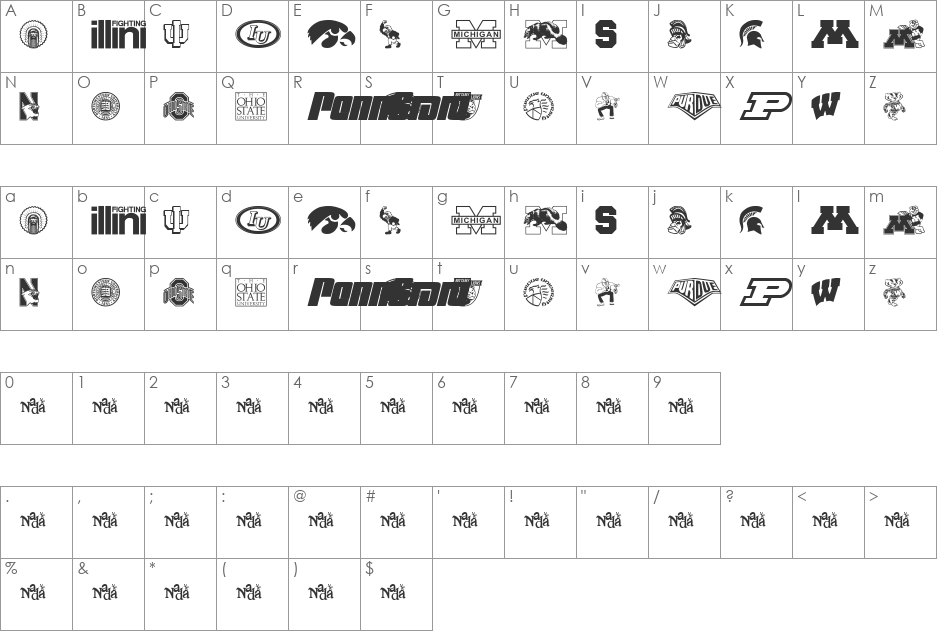 Big Ten Mania font character map preview