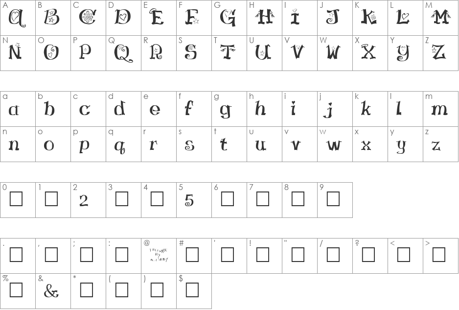 Virgin font character map preview