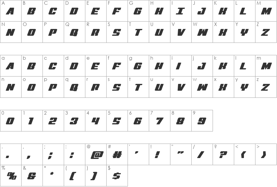Virgin Hybrid font character map preview