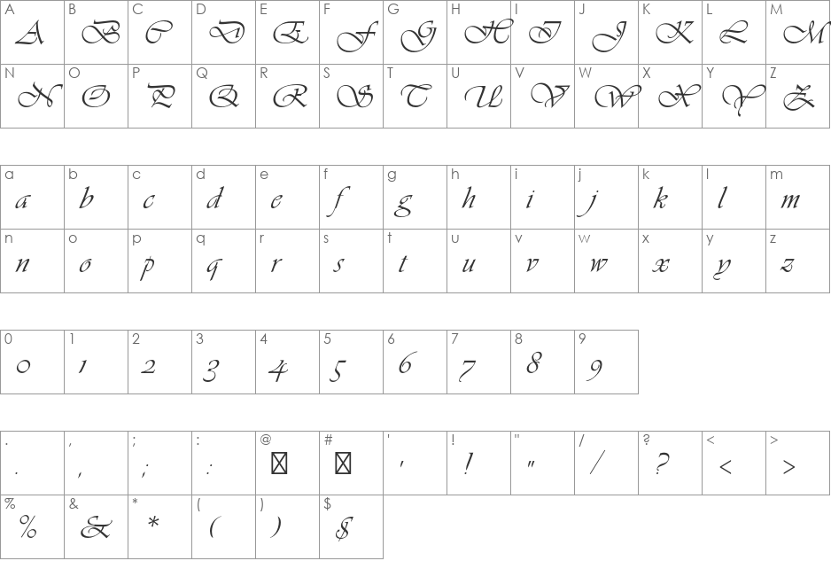 Vivaldi Std font character map preview