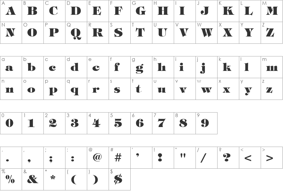 VNI-Timfani-Heavy font character map preview