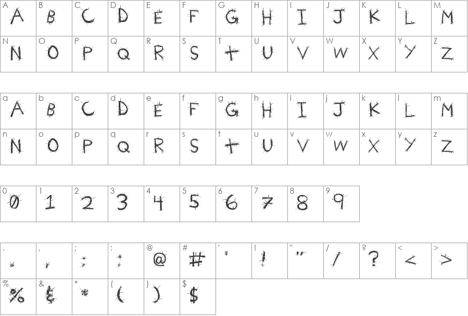 Voodoo Needles font character map preview