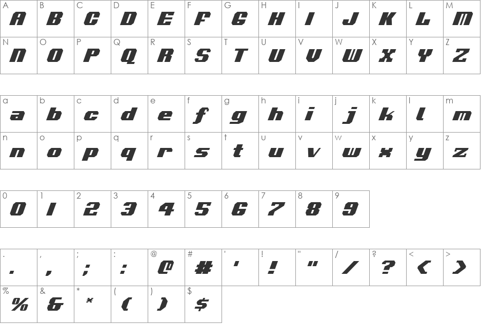 Voortrekker Italic font character map preview