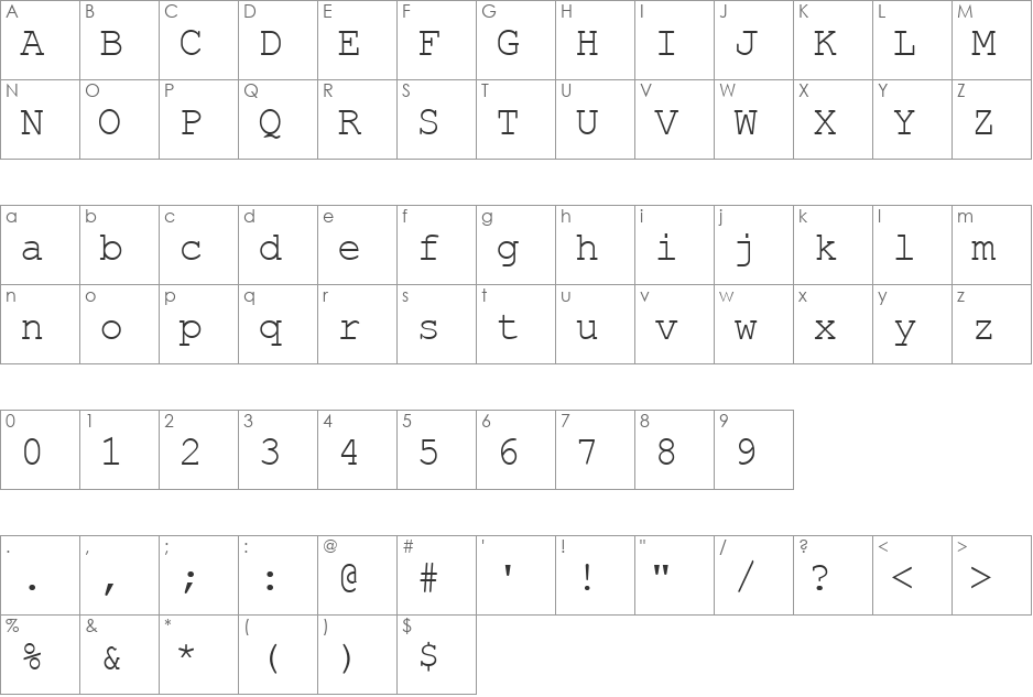VPS Courier font character map preview