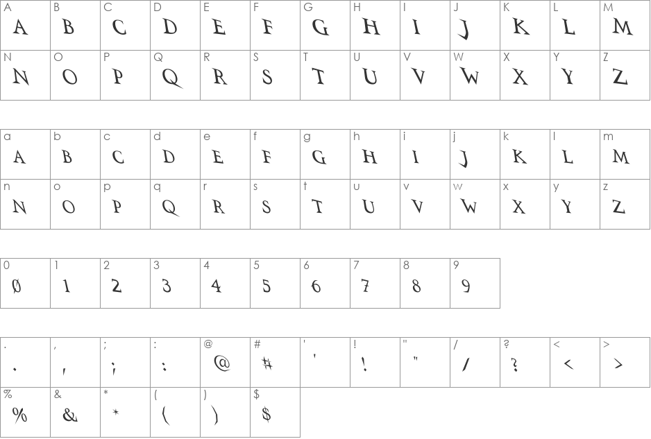 VTCSwitchbladeRomanceDrunk font character map preview