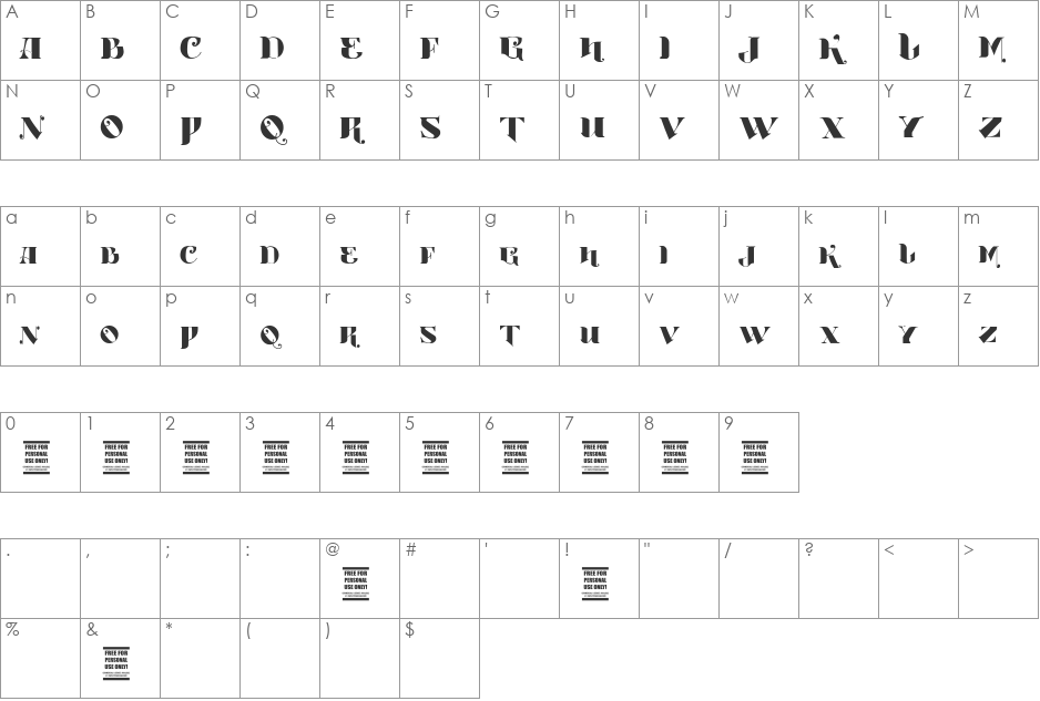 Vtks Boutique font character map preview