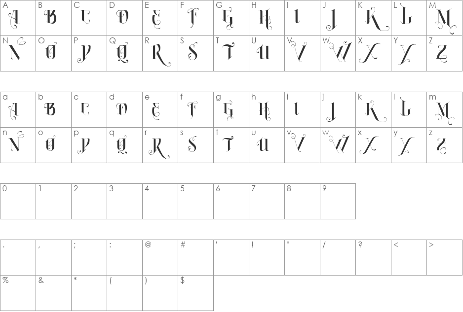 Vtks Burning font character map preview