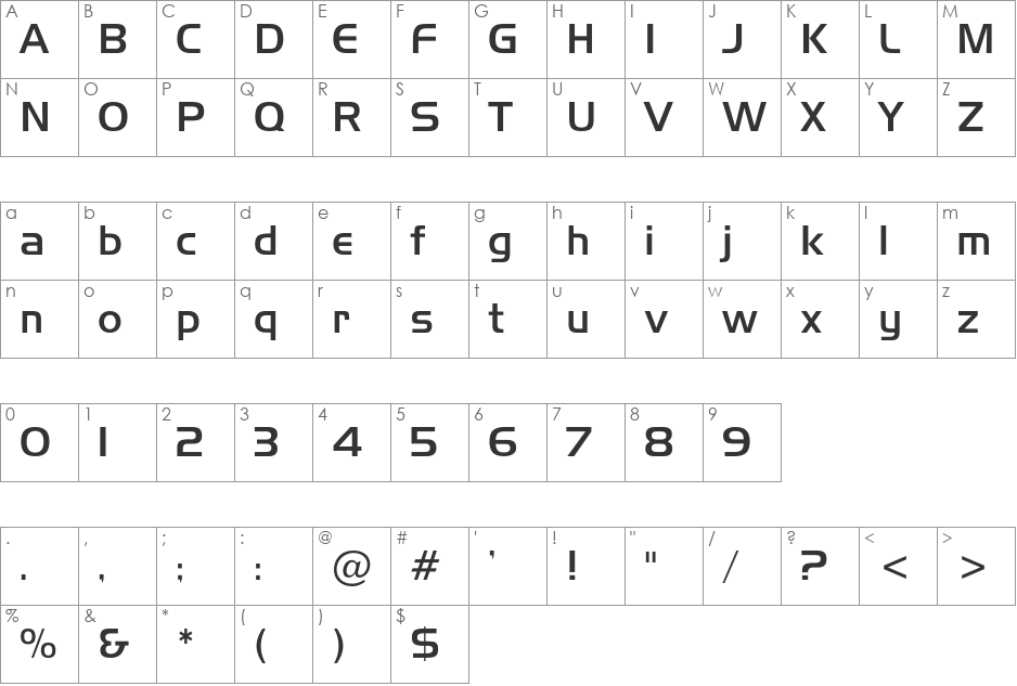AeroLight font character map preview
