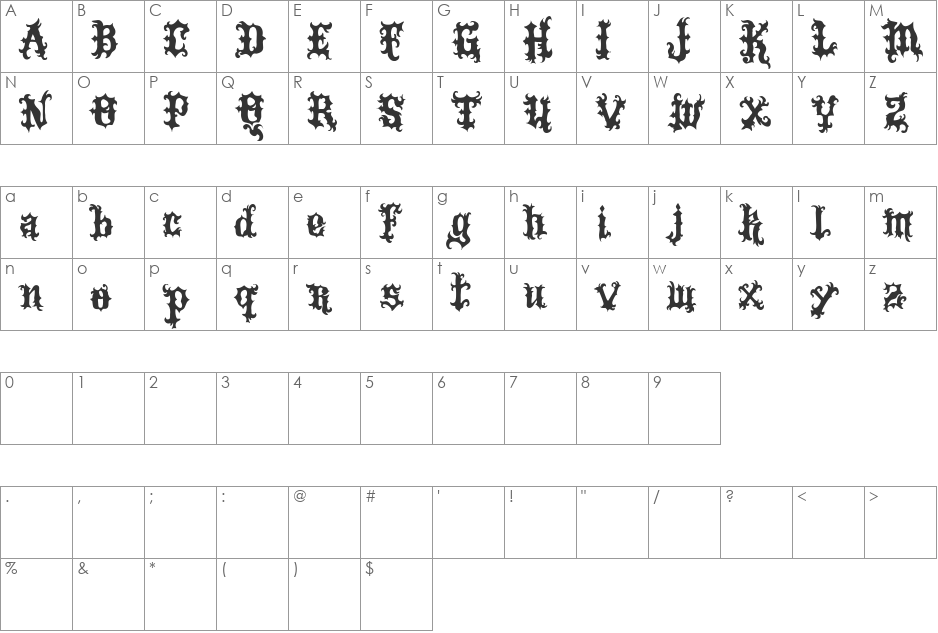 VTKS Tattoo font character map preview