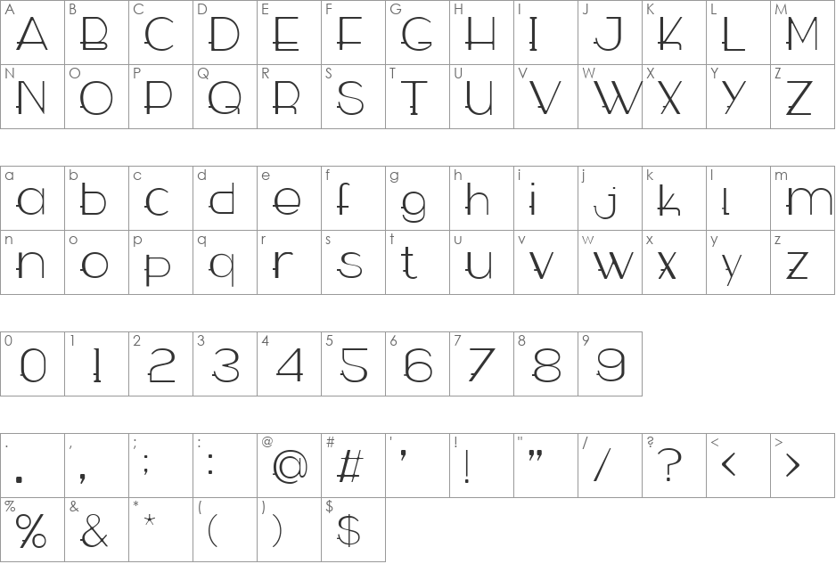 WABECO Thin font character map preview