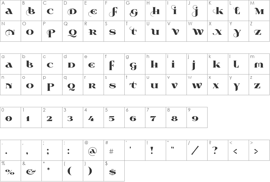 Wabroye font character map preview