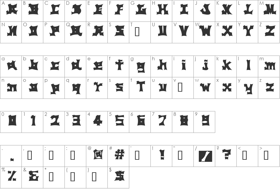 WALL pain font character map preview