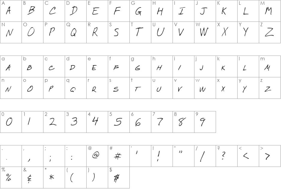 WallysHand font character map preview